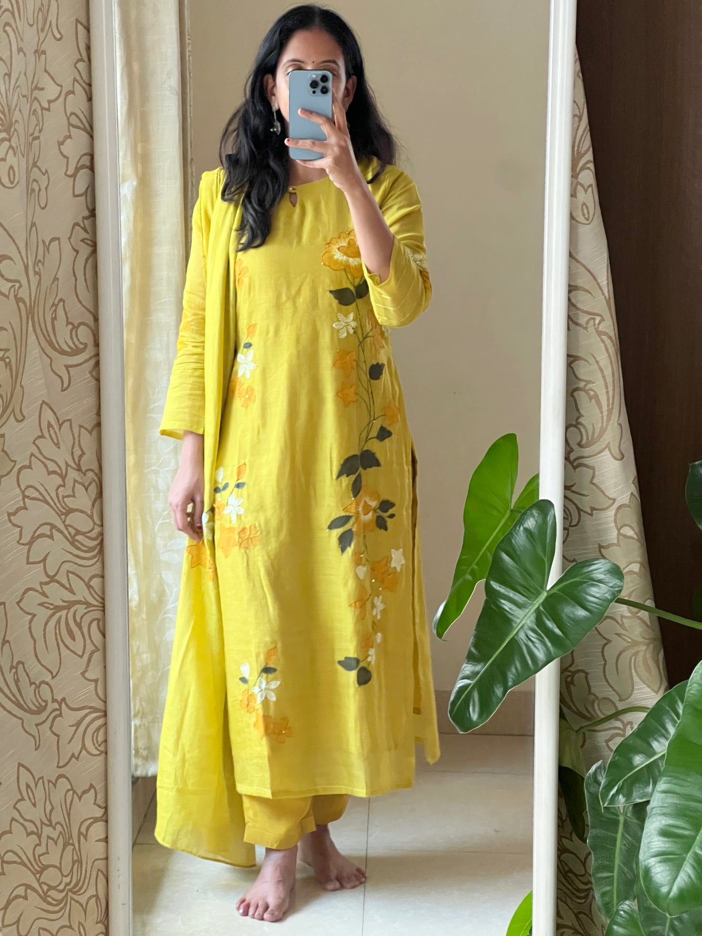 A0627 yellow mul chanderi 3 piece straight cut suit with hand painted & hand embroidery detailing