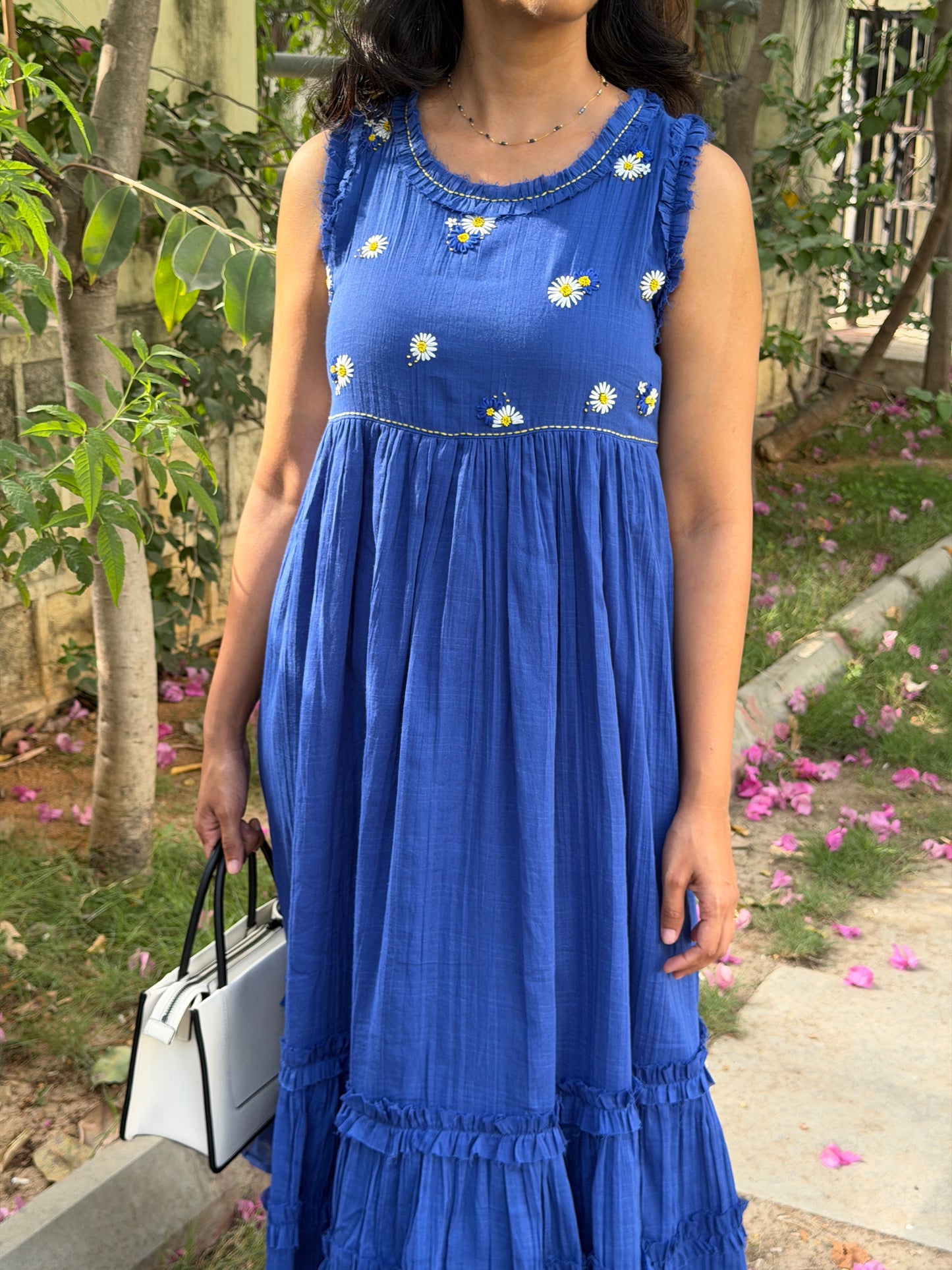 A0765 blue cotton one piece dress with hand embroidery detailing on yoke part