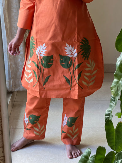 A0300 orange handloom cotton leaf applique work co ord set