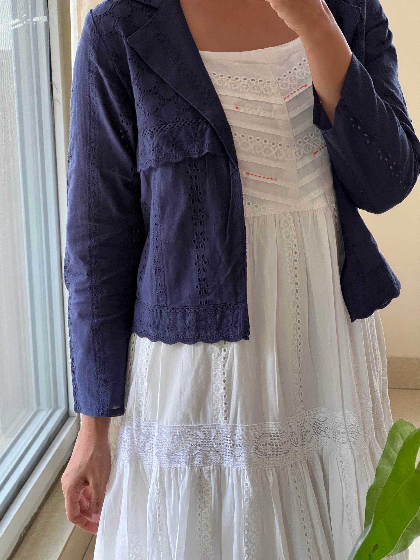 A0555 white & blue shaded hakoba cotton one piece dress with coat