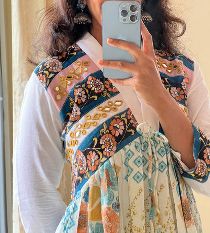 A010 white Imported Cotton falling fabric with original mirror hand embroidery work on yoke part one piece dress