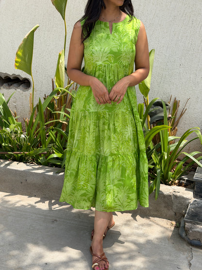A0783 Pure Cotton silk dress in tropical theme in beautiful green shade