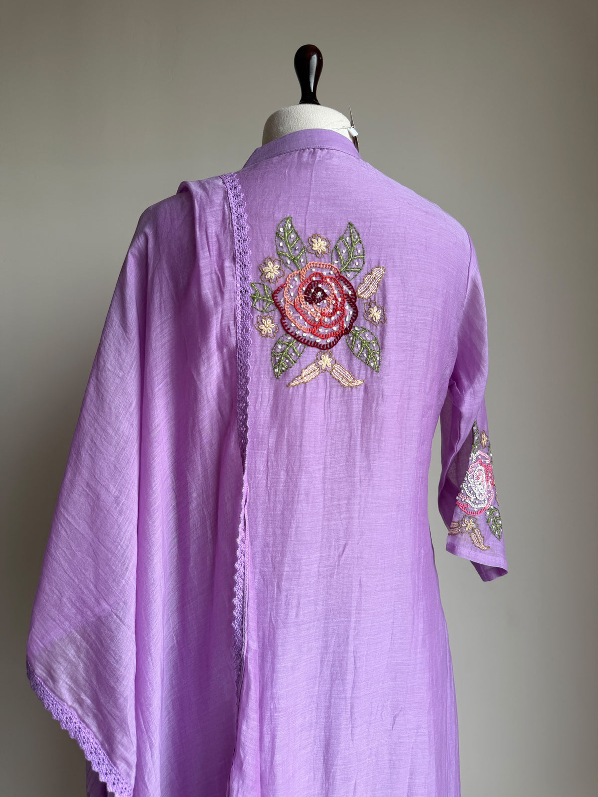 A0842 lavender mul chanderi floral hand embroidery 3 piece dress