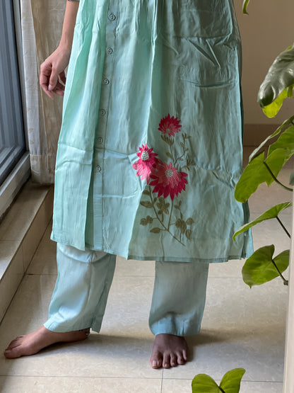 A0207 sea blue muslin two piece set with machine embroidery detailing