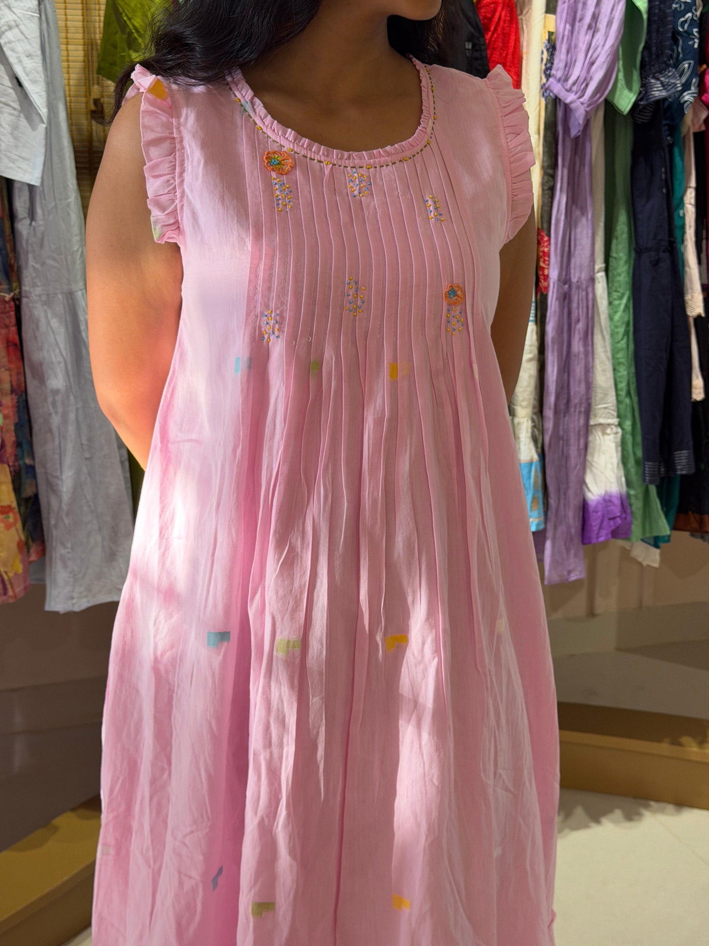 A0753 Cutest Pink shade Jamdani dress with pleats sleeves. Adorned with 3D hand embroidery details.