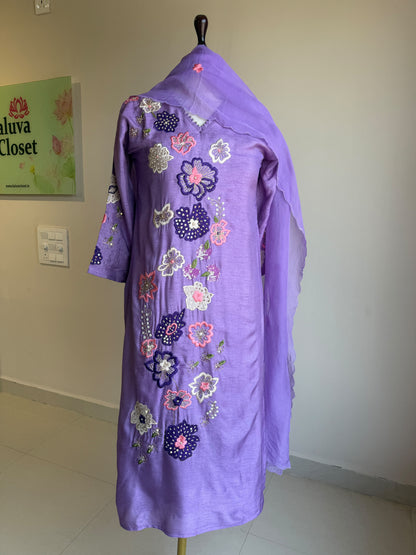A0856 lavender Dola silk applique work 3 piece dress