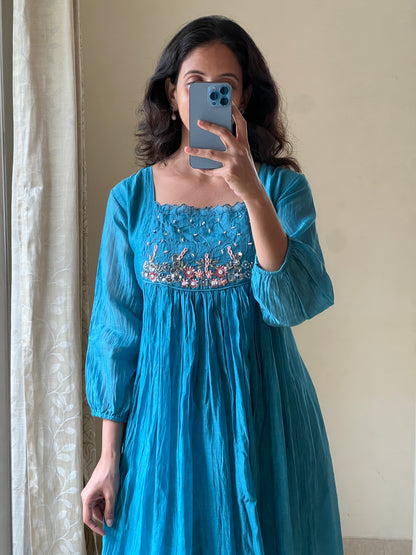 A0524 blue Mul Chanderi dress with hand embroidery and zerdosi work detailing