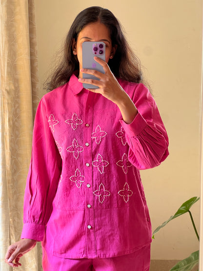 A0310 pink cotton coord set with machine and hand embroidery detailing