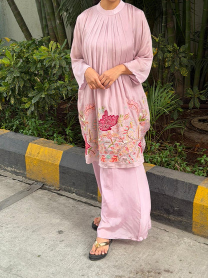 A0623 lavender chinnon coord set with applique & hand embroidery detailing