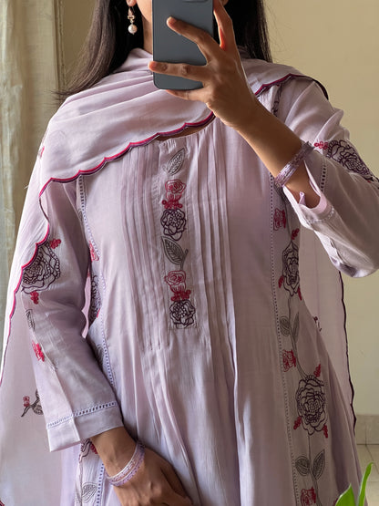 A0578 lavender mul chanderi 3 piece dress rose embroidery all over the dress with cut work duppatta
