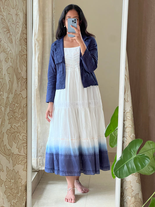 A0555 white & blue shaded hakoba cotton one piece dress with coat