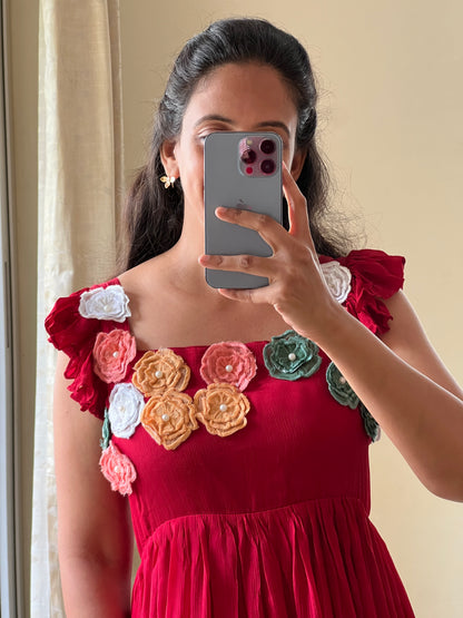 A0505 red chinnon one piece dress with multi colour floral applique work detailing on yoke part