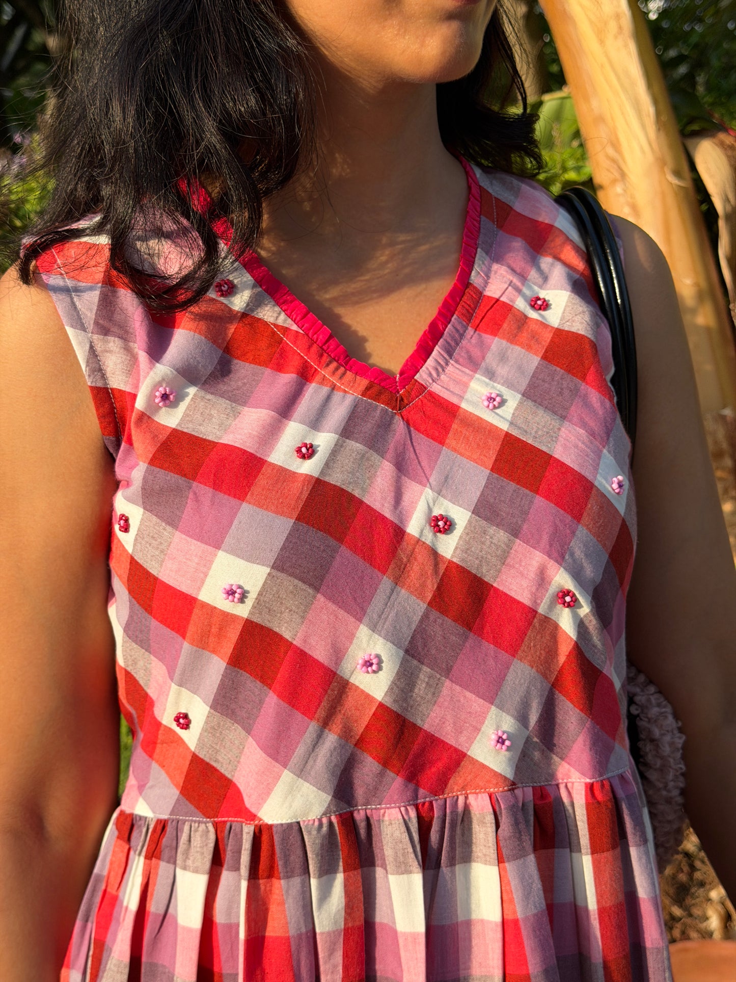 A0763 Pure cotton Red and white checks dress with hand embroidery flowers