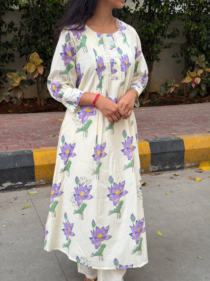 A0672 cream & lavender mul cotton two piece with lotus digital print comes with lining