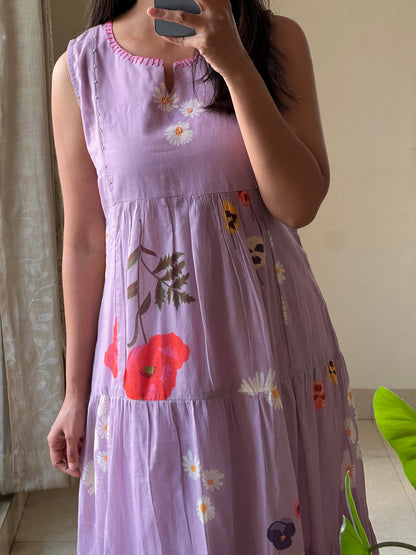 A0569 lavender cotton floral printed one piece dress comes with cotton lining inside