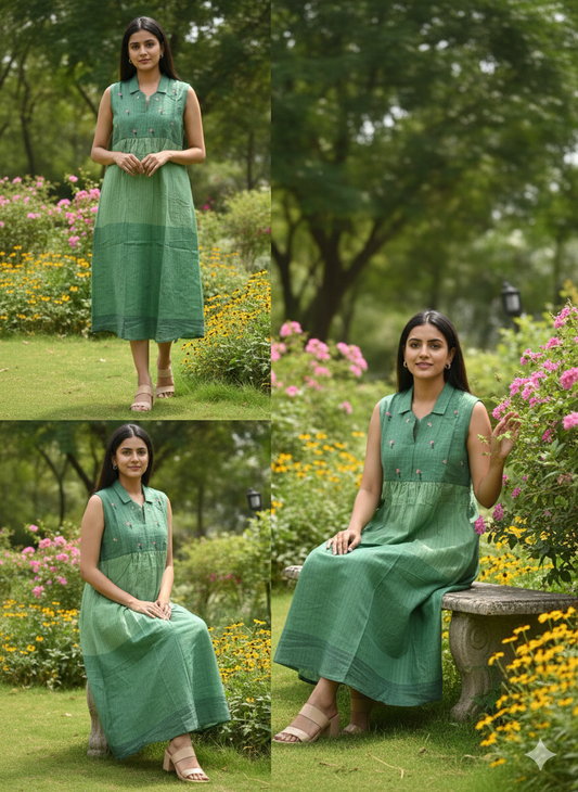 Mul cotton check frock in beautiful green shade