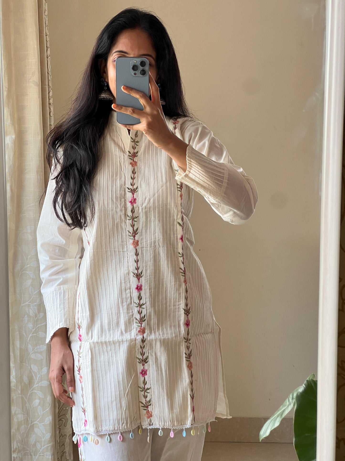 A0160 cream cotton coord set with machine embroidery detailing