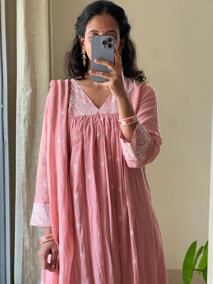 A0519 nude rose mul chanderi 3 piece dress with embroidery detailing all over the dress