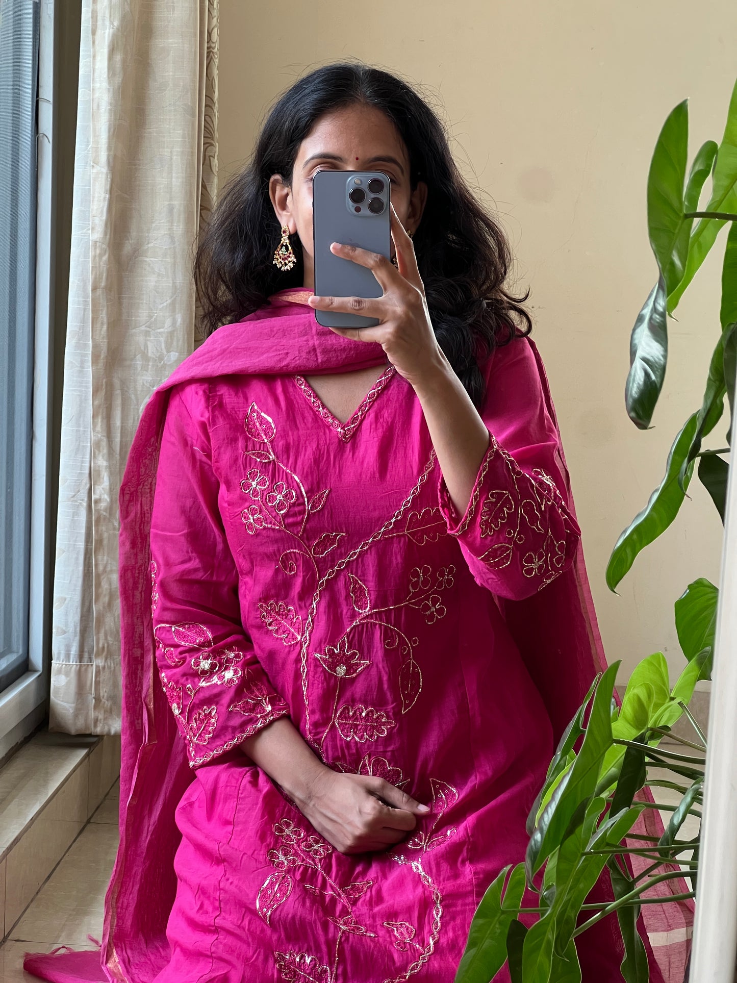 A0523 pink mul chanderi 3 piece dress with hand embroidery and pitta work all over the dress