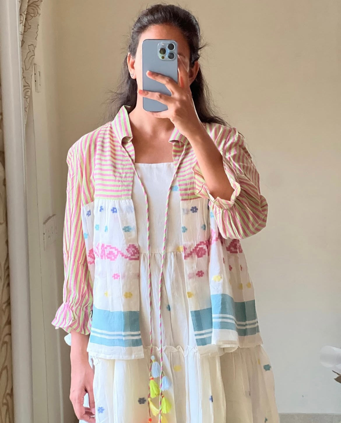 A0205 white Bengal cotton jamdani dress with shrug