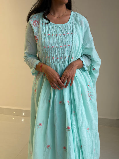 A0722 sea blue mul cotton 3 piece dress with knot, applique work detailing comes with cotton lining