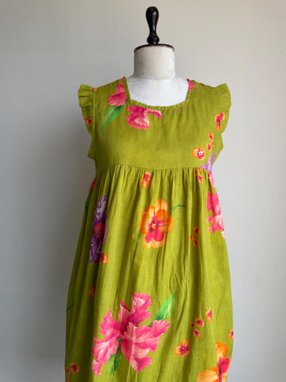 A0865 green mul cotton floral digital one piece dress