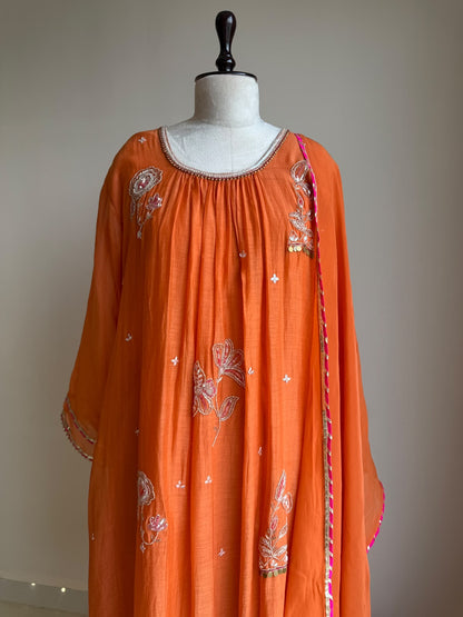 A0849 orange mul chanderi hand embroidery work 3 piece dress