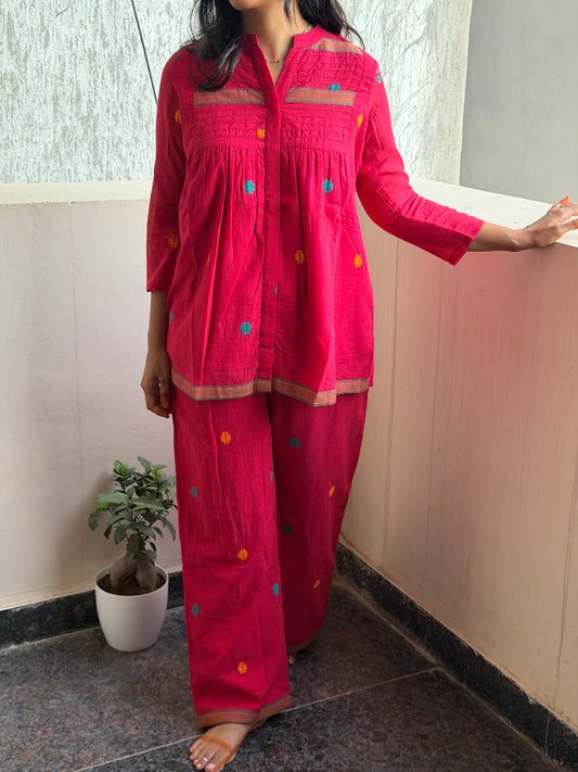 Hot pink Jamdani cord set with pure cotton linings
