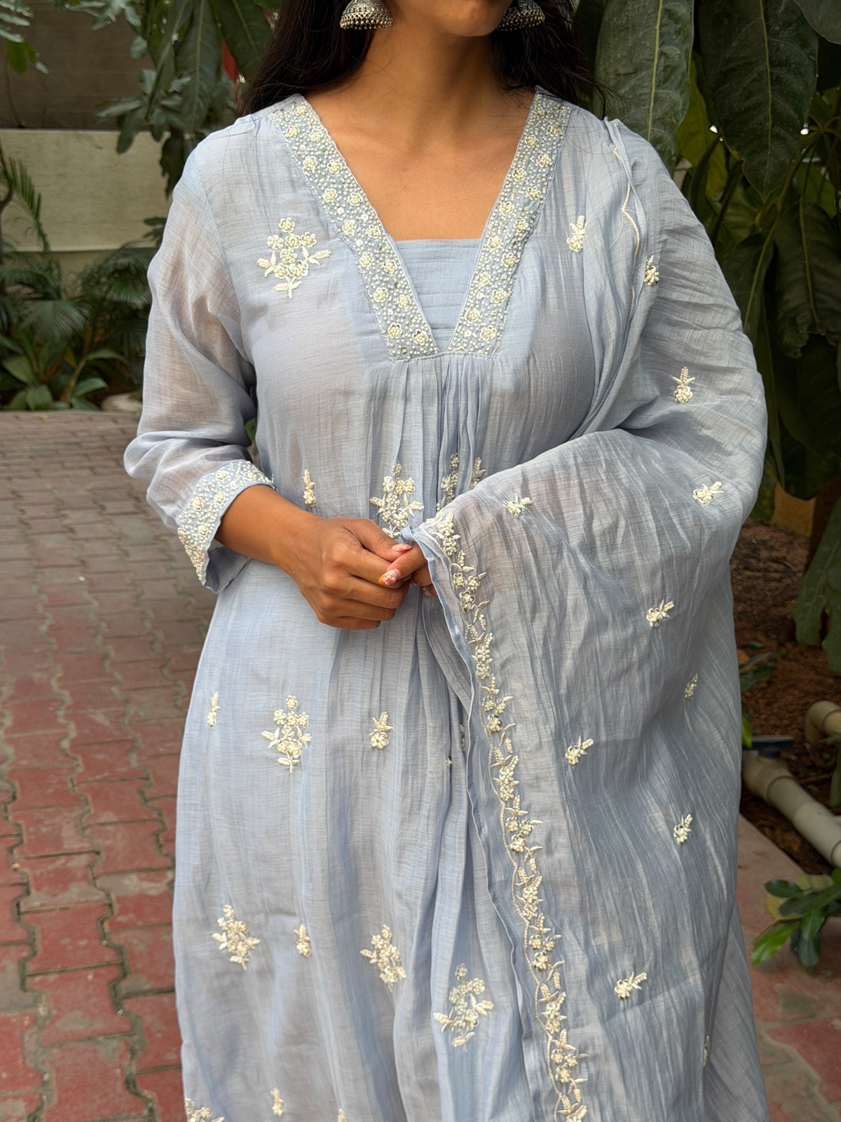 A0889 powder blue mul chanderi 3 piece dress