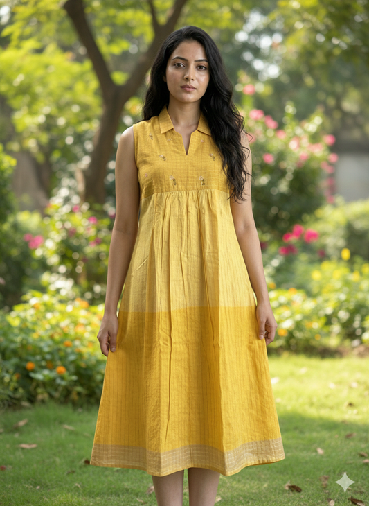 Mul cotton checks frock in beautiful yellow shade