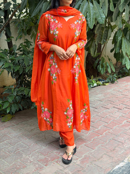 A0797 Orange Mul Chanderi 3pc set with hand embroidery and kanta work