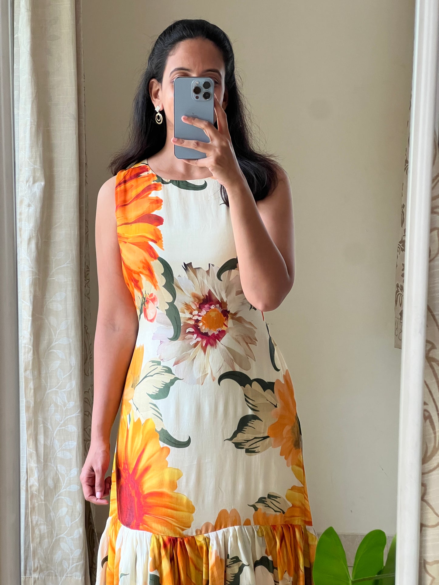 A0511 sunflower cotton silk one piece dress with digital floral printed pattern, sleeves are provided inside