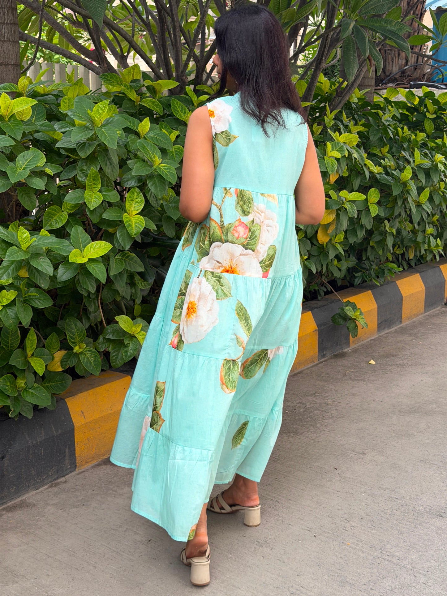 A0821 sea blue mul cotton tier one piece dress