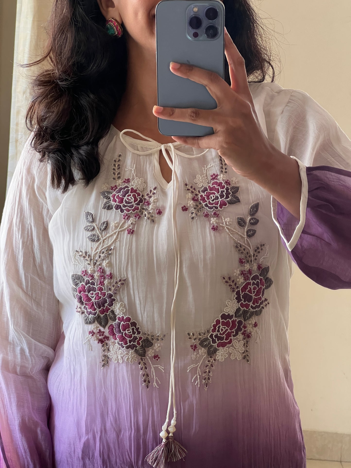 A0500 white & purple tie dye mul chanderi coord set with hand embroidery detailing on yoke part