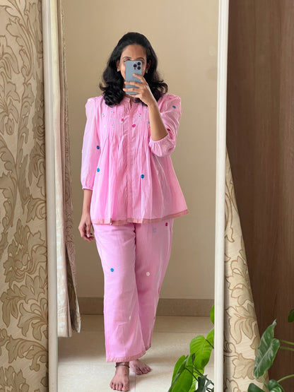 A0662 Jamdani Pink coord set with hand embroidery butties