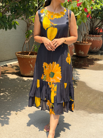 A0732 Black and yellow Mango print soft cotton silk dress