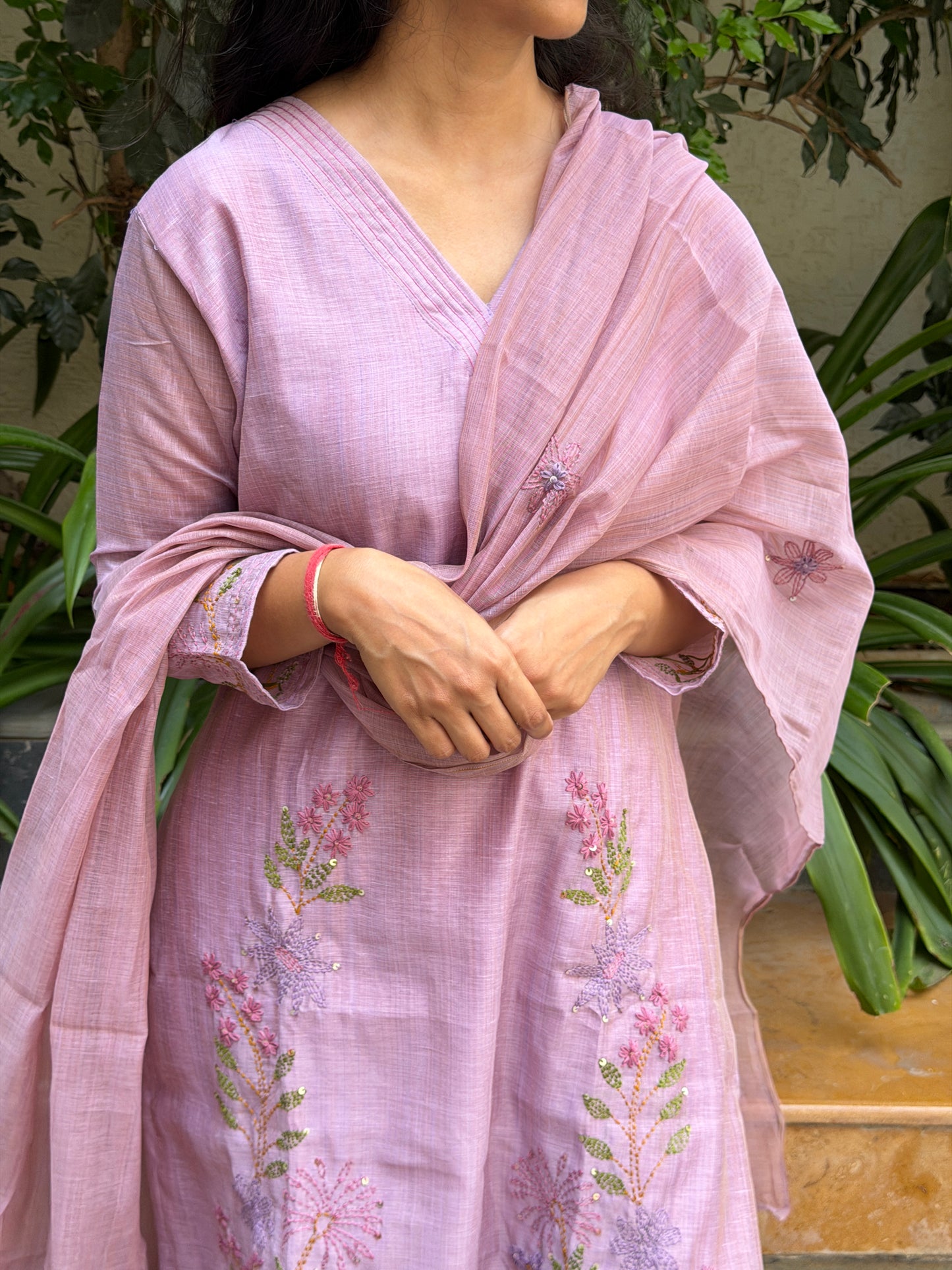 A0739 lavender matka chanderi straight cut 3 piece dress with Kantha work detailing all over the dress & butties all over the duppatta