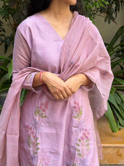 A0739 lavender matka chanderi straight cut 3 piece dress with Kantha work detailing all over the dress & butties all over the duppatta