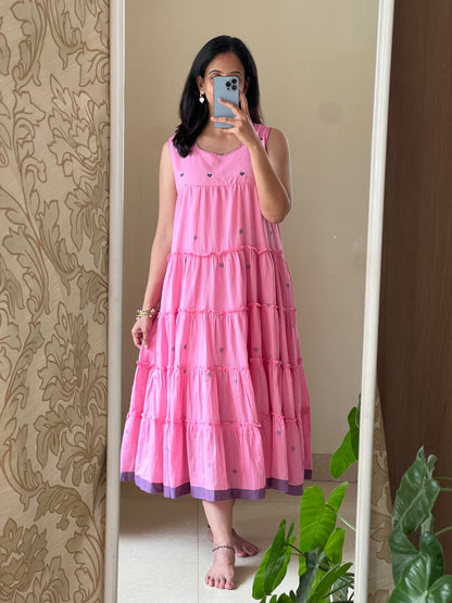 A0489 Pink heart Bengal cotton jamdani one piece dress comes with sleeves inside