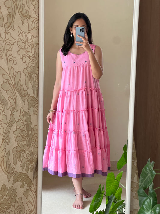 A0489 Pink heart Bengal cotton jamdani one piece dress comes with sleeves inside
