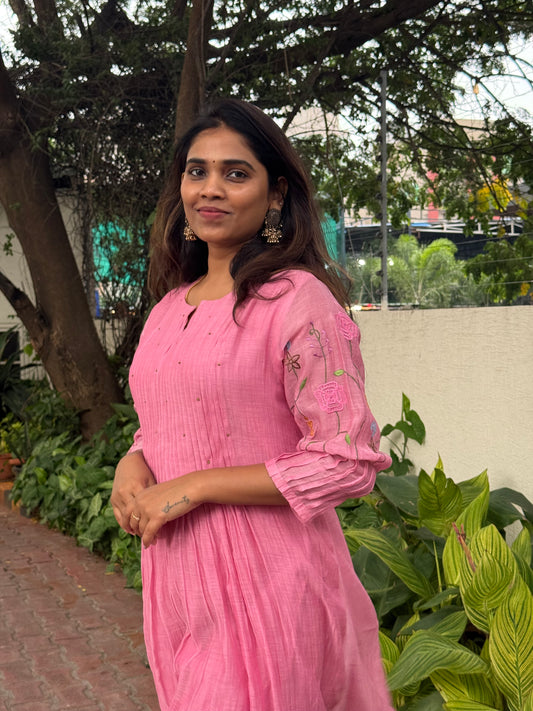 A0536 pink mul chanderi 2 piece dress with floral embroidery detailing all over the hands & pleats detailing on yoke part