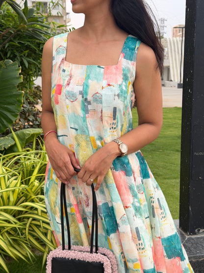 A0736 Lenin cream base multi colour abstract print all over the dress in kalis model comes with 16 inches sleeves inside