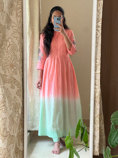 A0429 peach & green Mulmul shaded 2 piece dress with glass mirror & Kantha embroidery detailing on hands