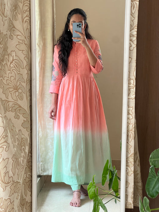 A0429 peach & green Mulmul shaded 2 piece dress with glass mirror & Kantha embroidery detailing on hands