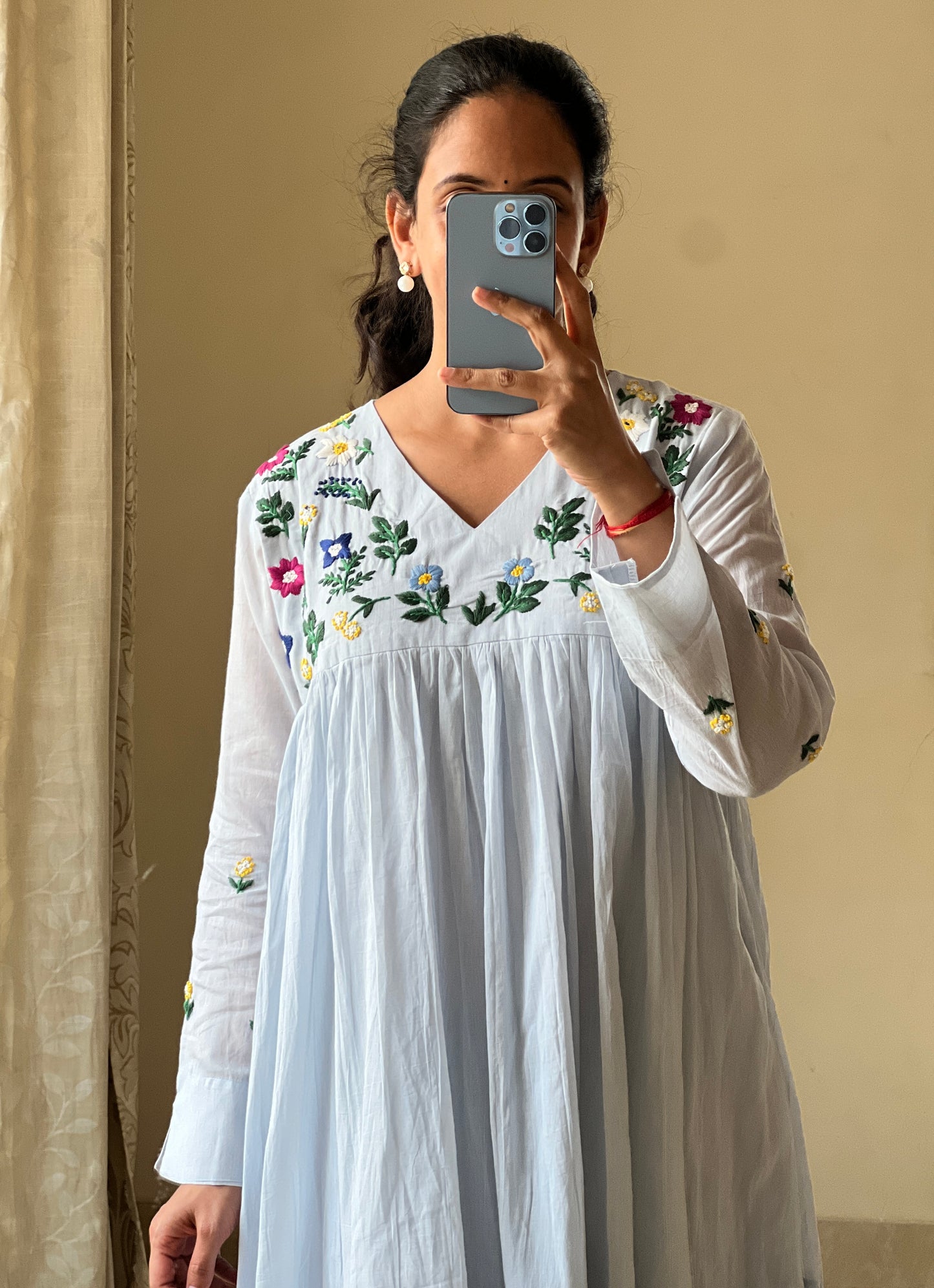 A0648 ice blue Mulmul one piece dress with hand embroidery detailing on yoke part