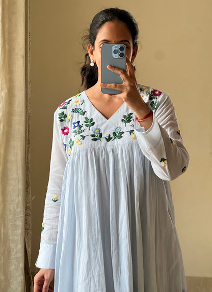 A0648 ice blue Mulmul one piece dress with hand embroidery detailing on yoke part