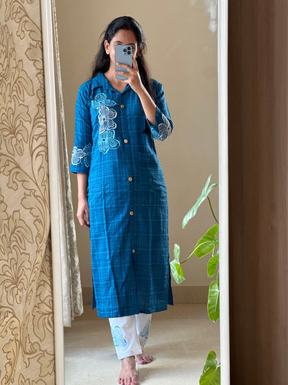 A0111 Handloom cotton 2pc set with machine embroidery detailing for top and bottom