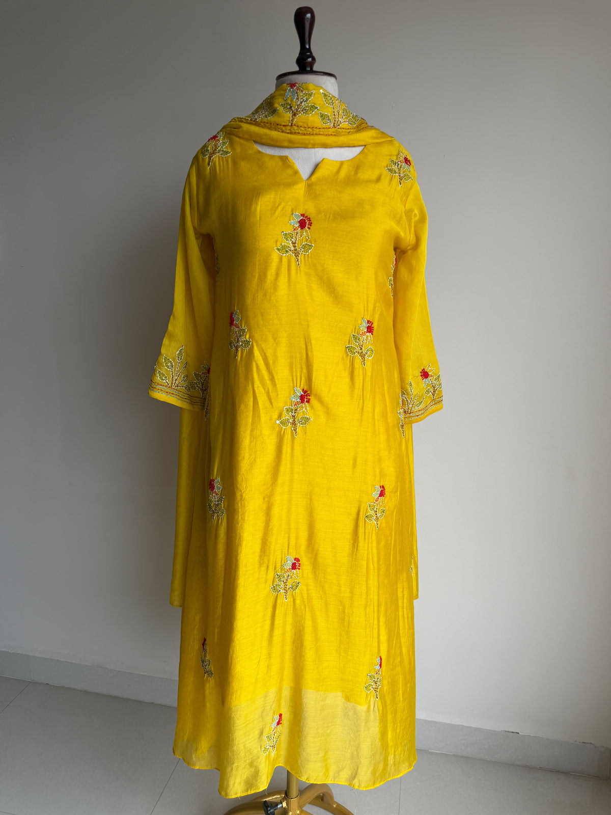 A0841 yellow mul chanderi Kantha work embroidery 3 piece dress