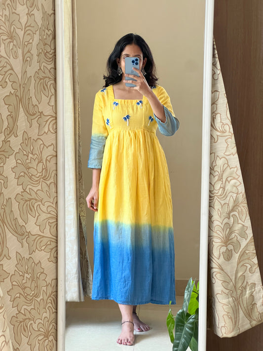 A0453 Kota yellow & blue frock in dual shade,with jardozi and Moti work detailing
