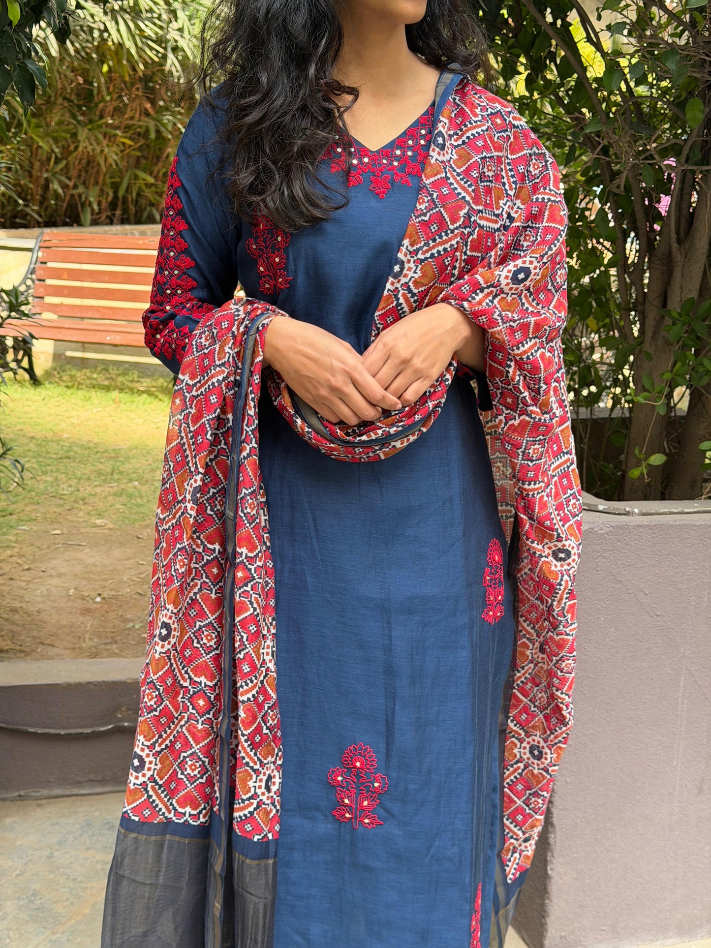 A0629 blue mul chanderi 3 piece dress with patola duppatta